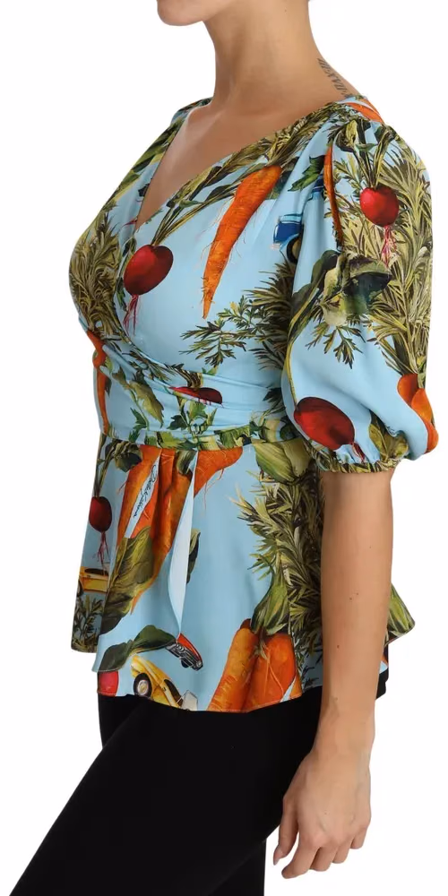 Dolce & Gabbana Multicolor Vegetable Print Silk Top Peplum Wrap Blouse