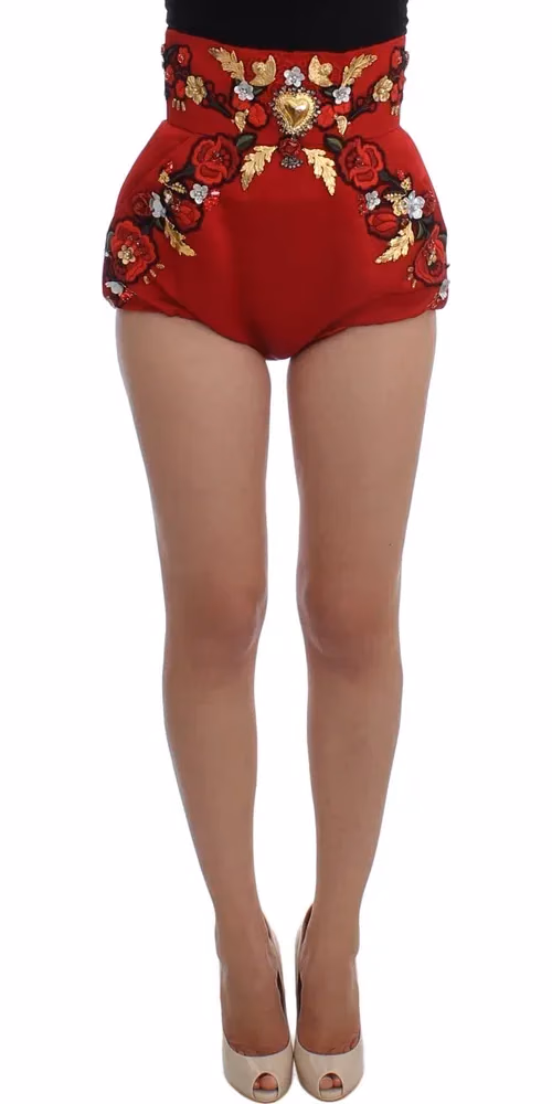 Dolce & Gabbana Red Silk Crystal Roses Shorts