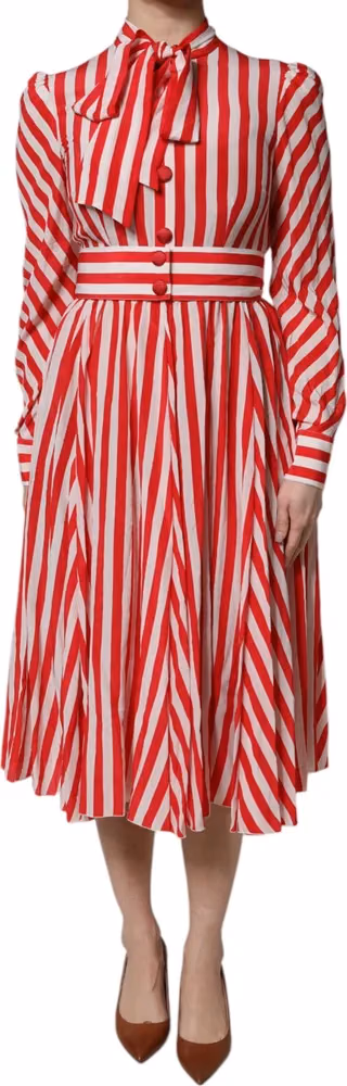 Dolce & Gabbana White Red Stripes Long Sleeves Midi Dress
