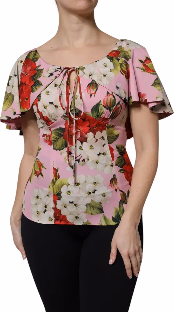 Dolce & Gabbana Pink Floral Silk Short Sleeves Blouse Top