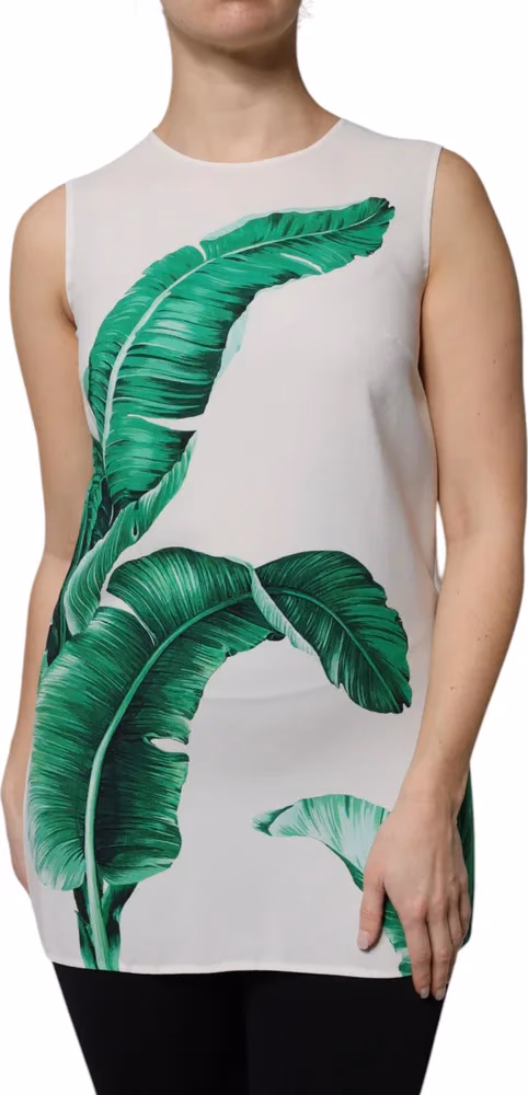 Dolce & Gabbana White Banana Leaf Print Round Neck Tank Top
