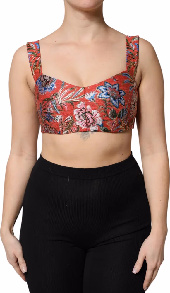 Dolce & Gabbana Red Floral Brocade Cropped Bustier Corset Top