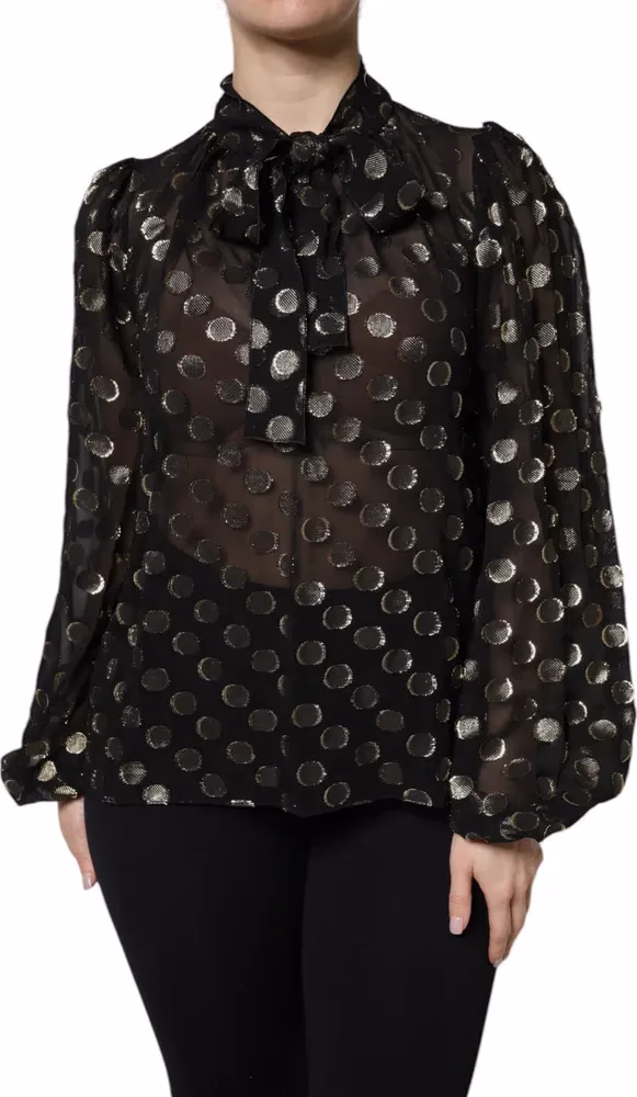 Dolce & Gabbana Black Sheer Tied Neck Polka Dots Blouse Top