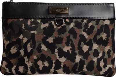Multicolor Leopard Jacquard Print Logo Plaque Pouch Bag