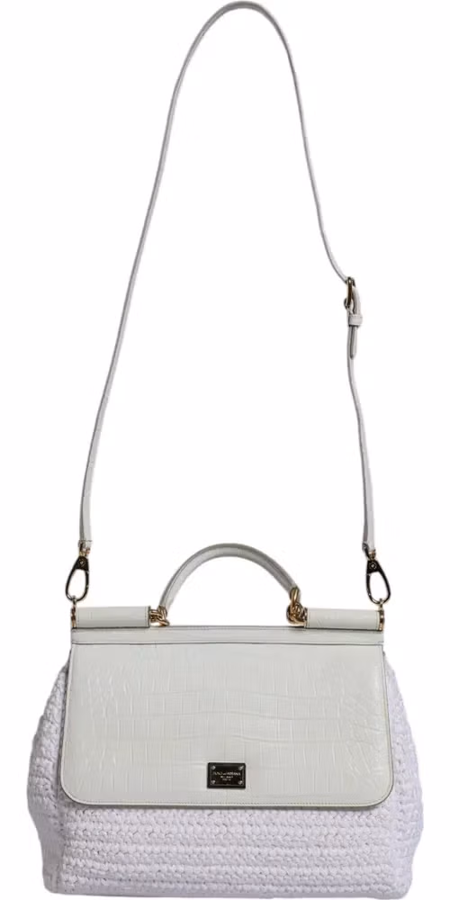 Dolce & Gabbana White Rafia Leather Top Handle Crossbody Bag