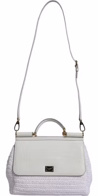White Rafia Leather Top Handle Crossbody Bag