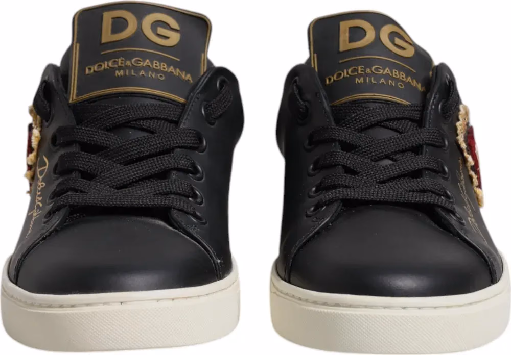 Dolce & Gabbana Black Leather Gold Red Heart Sneakers Shoes