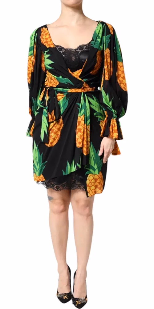 Dolce & Gabbana Black Silk Pineapple Draped Print Wrap Dress