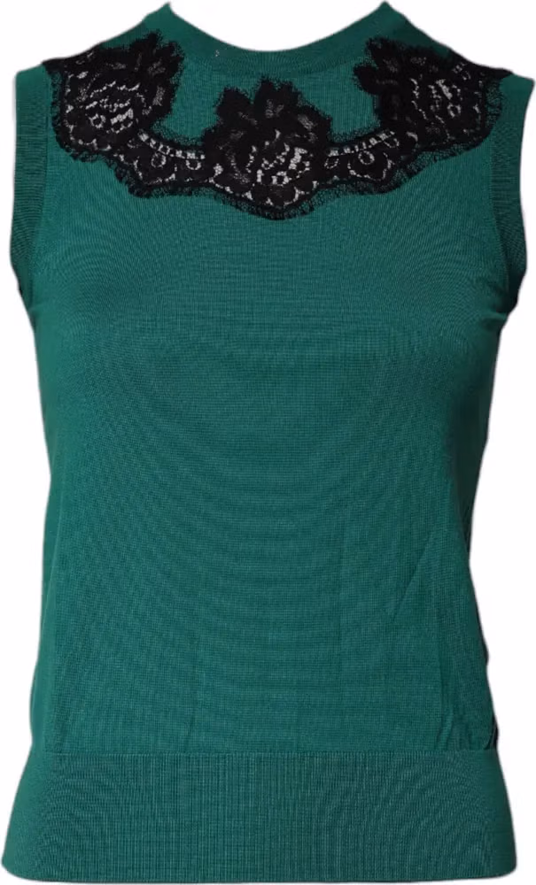 Dolce & Gabbana Green Wool Lace Detail Sleeveless Tank Top