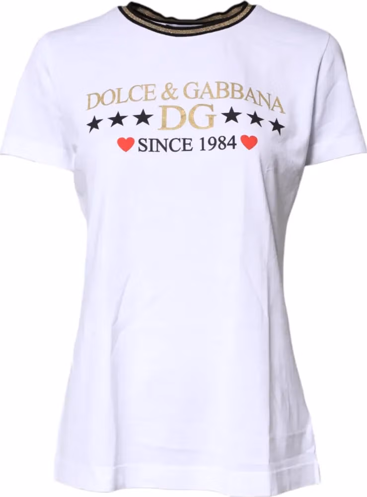 Dolce & Gabbana White Printed Round Neck Top Cotton T-shirt
