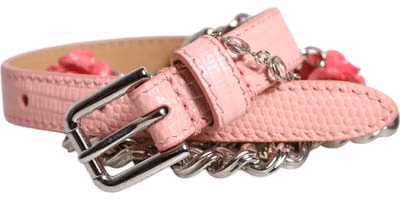 Pink Embelished Roses Textured Leather Belt