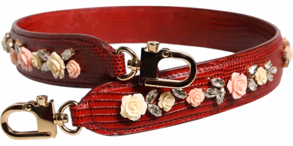 Dolce & Gabbana Red Leather Floral Embellish Bag Shoulder Strap