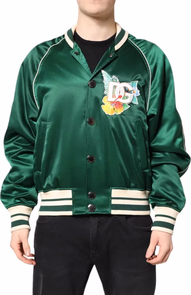 Dolce & Gabbana Green Floral DG Logo Full Zip Bomber Jacket