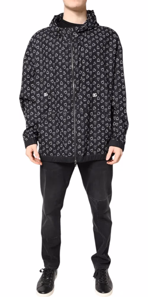 Dolce & Gabbana Black Heart Print Hooded Windbreaker Jacket