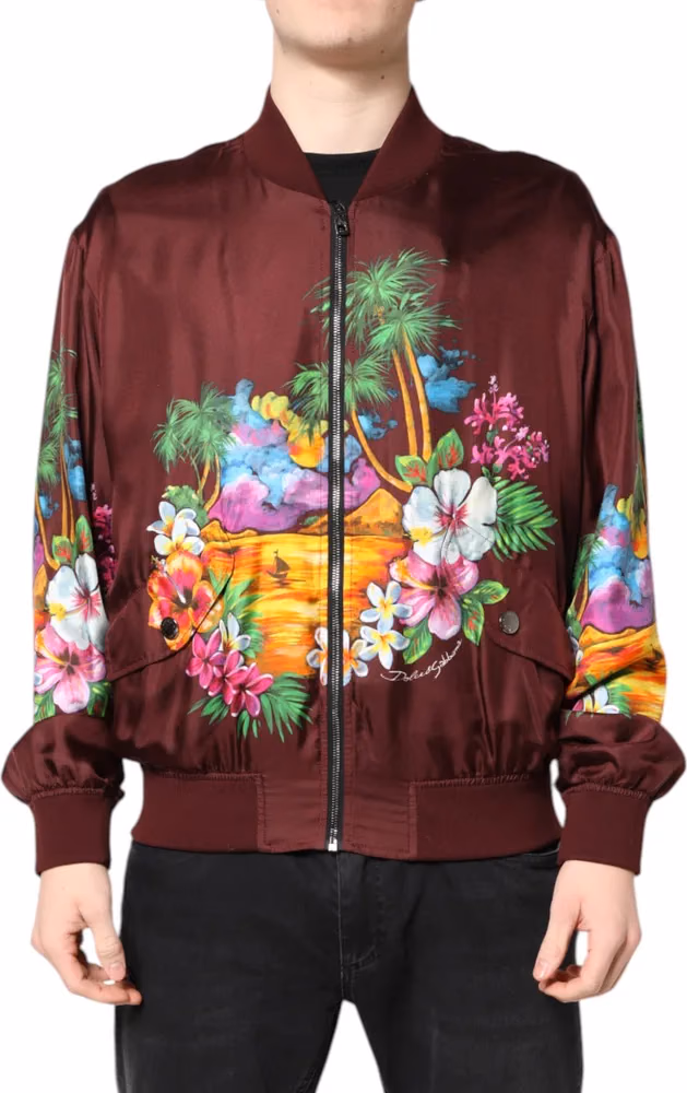 Dolce & Gabbana Maroon Floral Print Full Zip Bomber Jacket