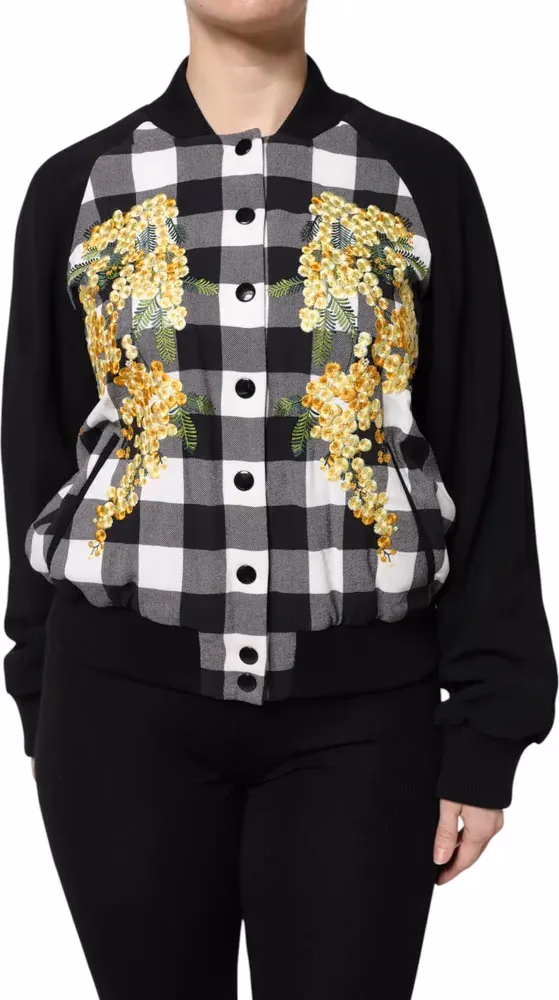Dolce & Gabbana Black White Check Floral Button Down Jacket