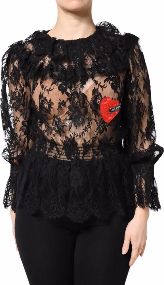 Dolce & Gabbana Black Cotton Floral Lace Women Blouse Top