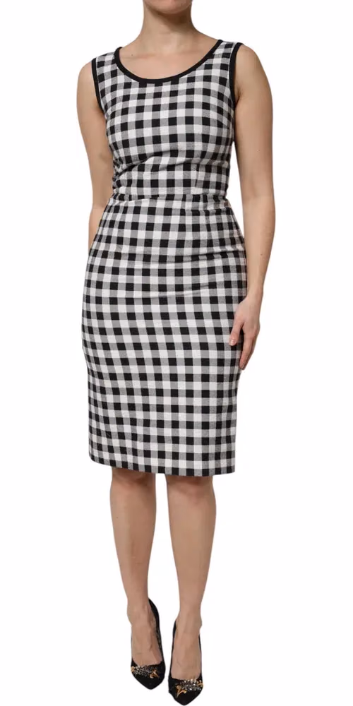 Dolce & Gabbana White Black Checkered Sleeveless Sheath Dress