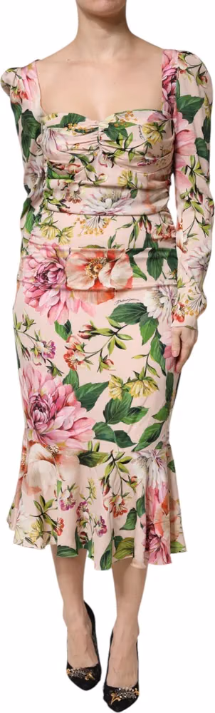 Dolce & Gabbana Pink Floral Silk Fit And Flared Midi Dress