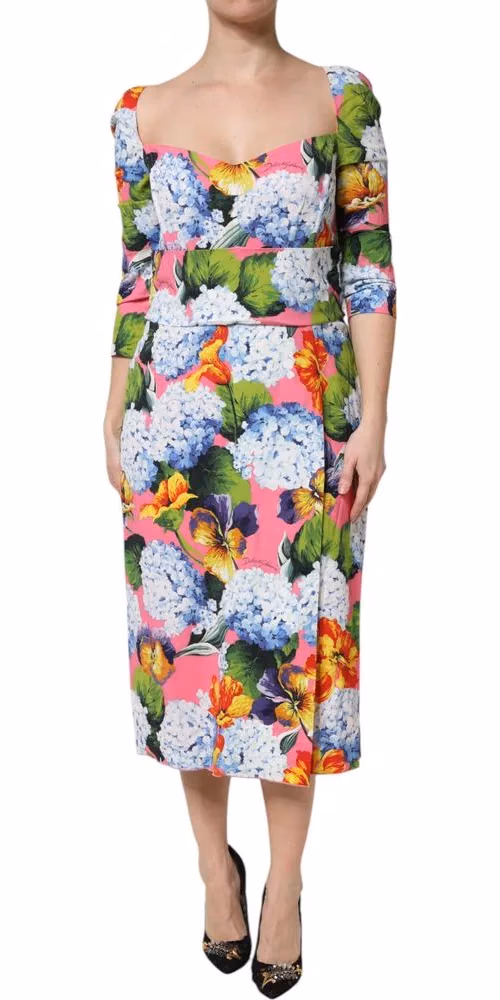 Dolce & Gabbana Multicolor Floral Pleated Sheath Midi  Dress