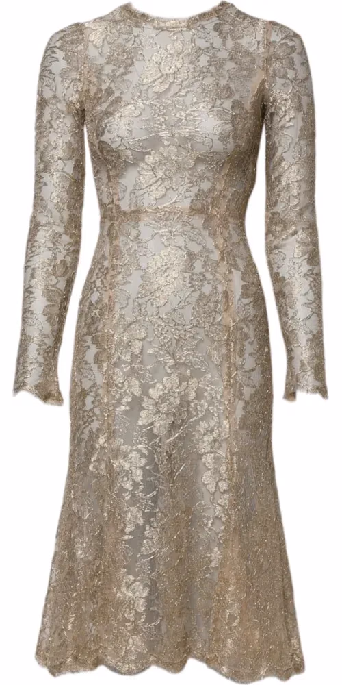 Dolce & Gabbana Gold Floral Lace Long Sleeves Fit & Flare Dress