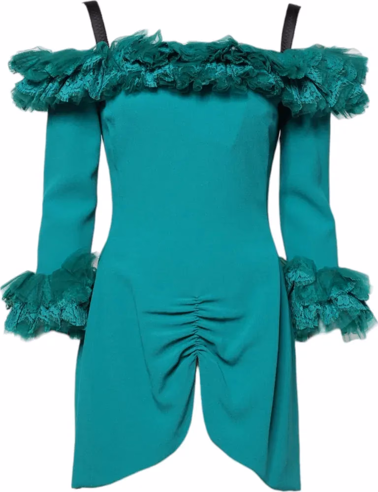 Dolce & Gabbana Green Lace Off Shoulder Sheath Mini Dress