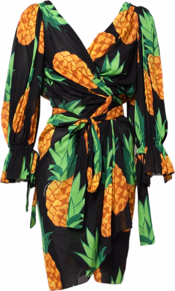 Dolce & Gabbana Black Pineapple Print Silk Wrap Mini Dress
