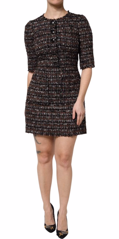 Dolce & Gabbana Brown Tweed Short Sleeves A-line Mini Dress