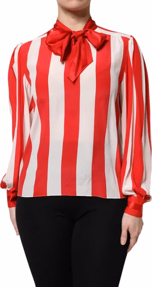 Dolce & Gabbana Red White Stripes Ascot Collar Blouse Top