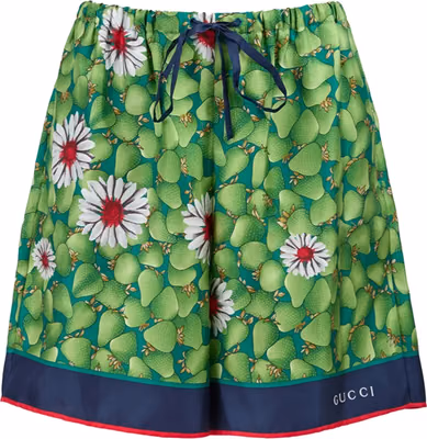 Green Flower Printed Silk Shorts
