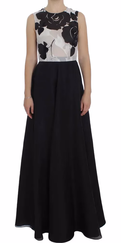 Dolce & Gabbana Black White Floral Silk Sheath Gown Dress