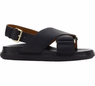 Black Calf Leather Bos Taurus Flat Sandals
