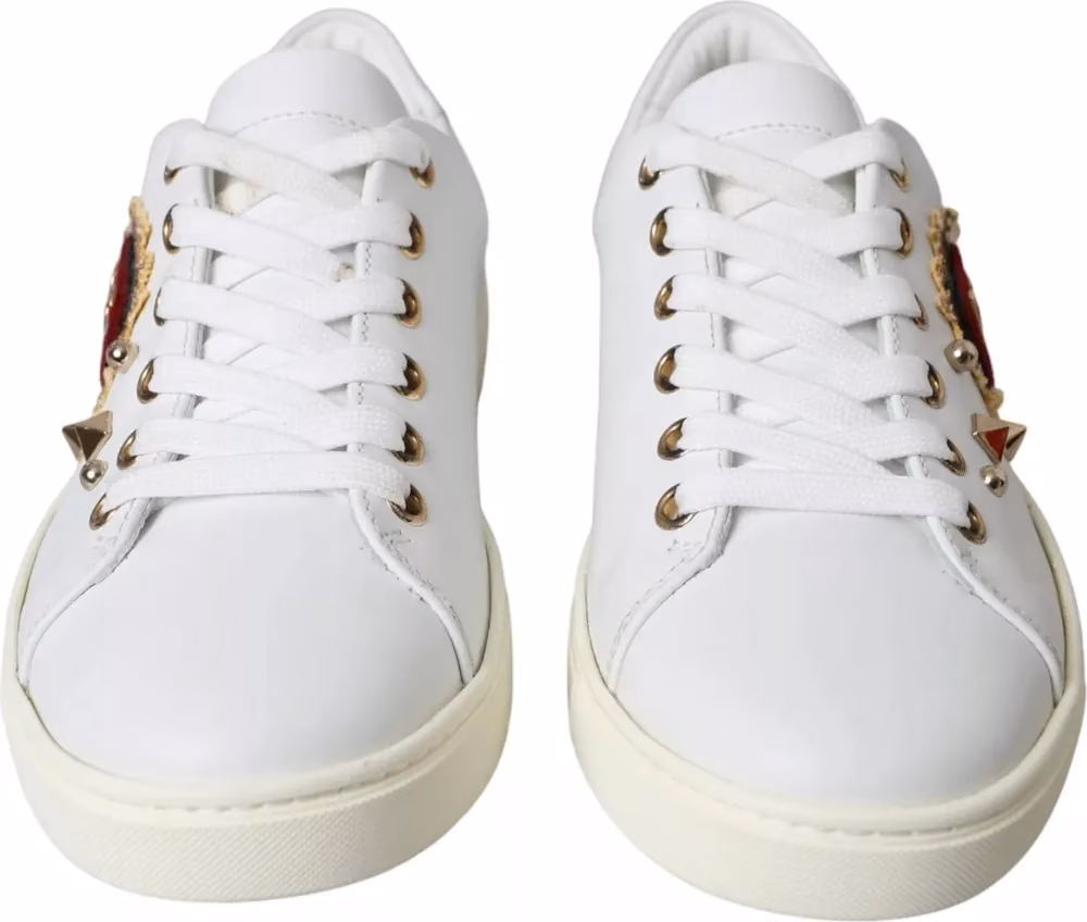 Dolce & Gabbana White Leather Gold Red Heart Sneakers Shoes