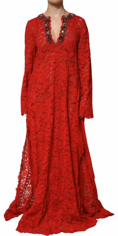 Dolce & Gabbana Red Floral Lace Rhinestone Embellished Dress
