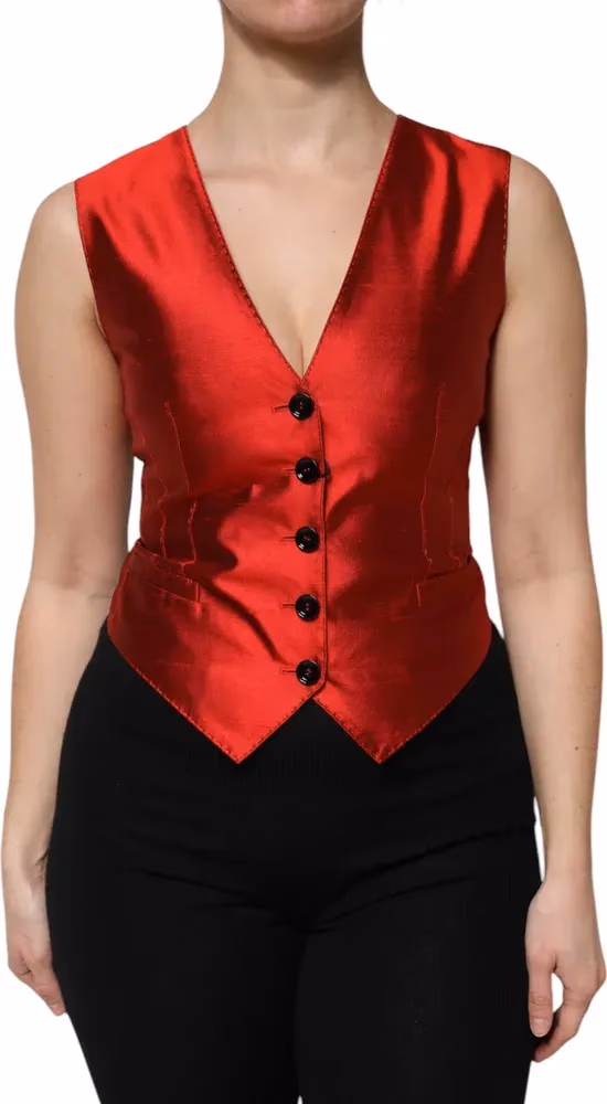 Dolce & Gabbana Red Black Button Down Sleeveless Vest Top