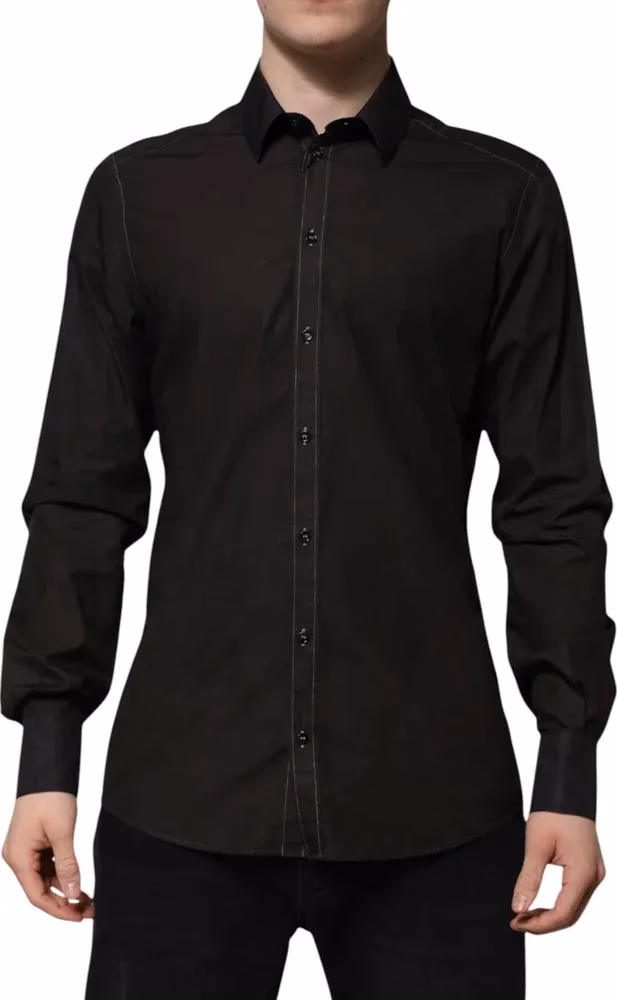Dolce & Gabbana Black Cotton Jacquard GOLD Collar Dress Shirt