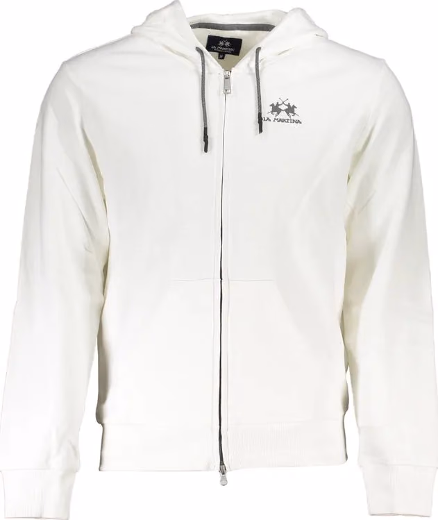 La Martina White Cotton Men Sweater with Hood and Zip Pockets