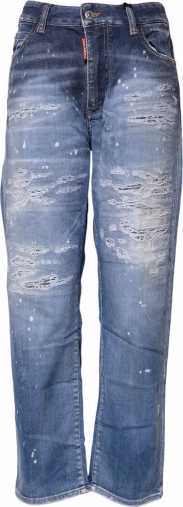 Dsquared² Blue Tattered Cotton Mid Waist Straight Denim Jeans