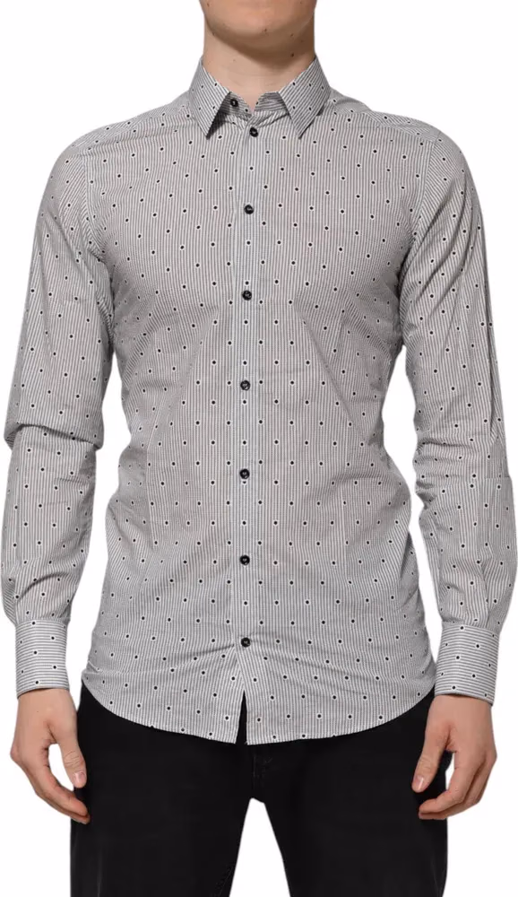 Dolce & Gabbana Gray Dotted Semi Fitted GOLD Men Formal Shirt