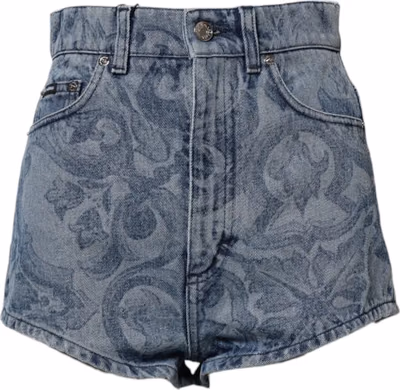 Blue Floral Print Denim Cotton Hot Pants Shorts