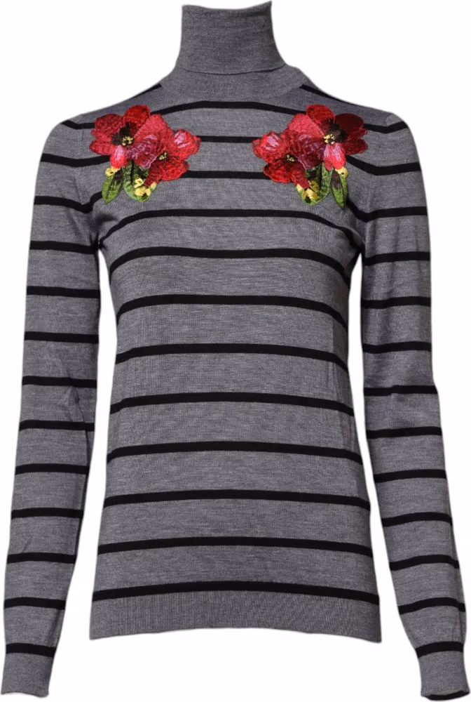 Dolce & Gabbana Gray Floral Embroidery Pullover Sweater