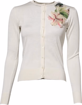 White Silk Lily Embellished Cardigan Sweater