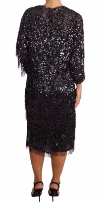 Black Sequined Long Sleeve Shift Midi Dress
