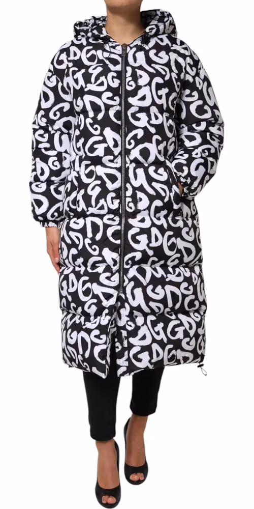 Dolce & Gabbana Black White DG Mania Hooded Long Coat Jacket