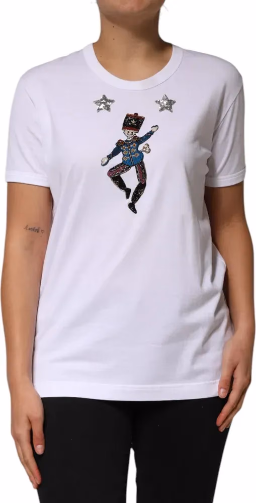 Dolce & Gabbana White Cotton Sequin Embellished Top T-shirt