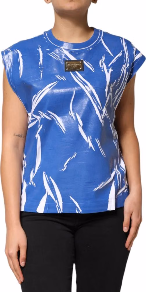 Dolce & Gabbana Blue White Cotton Logo Plaque Women Tank Top