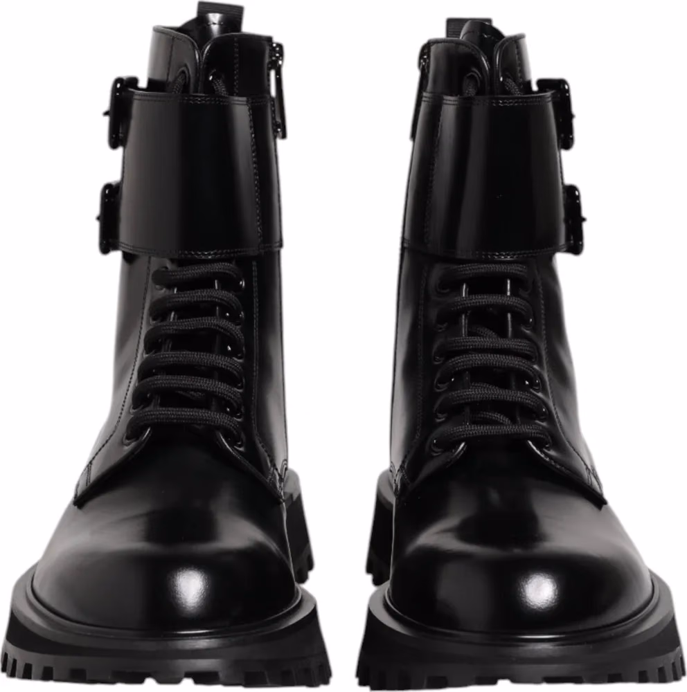 Dolce & Gabbana Black Leather Lace Up Mid Calf Boots Shoes