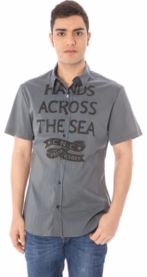 "Gray Cotton Men's Shirt with Italian Collar"