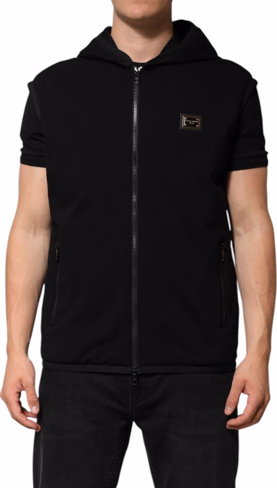 Dolce & Gabbana Black Sleeveless Hooded Logo Plaque Jacket