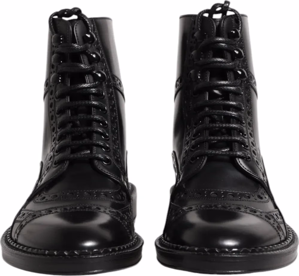 Dolce & Gabbana Black Leather Lace Up Mid Calf Boots Shoes